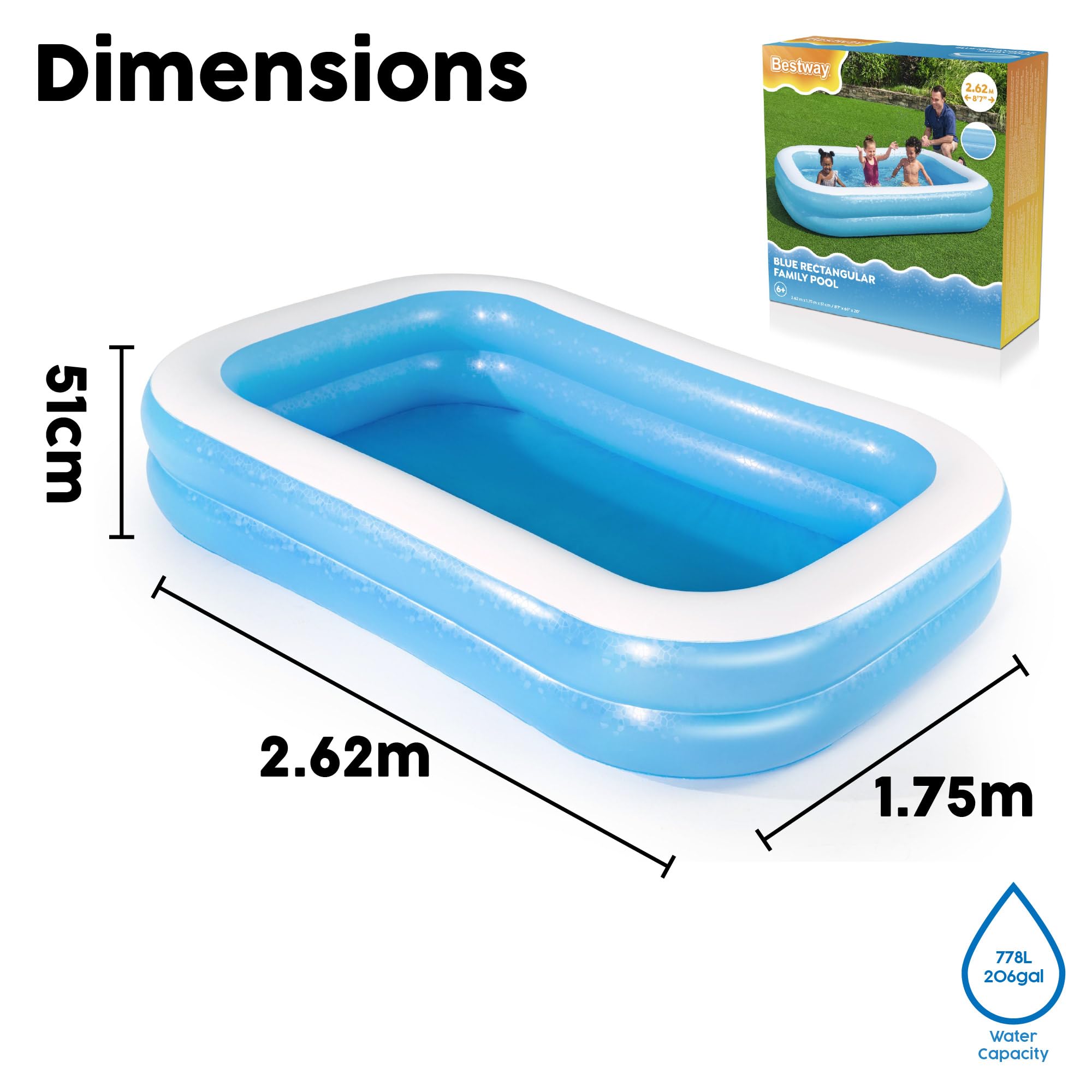 Amazon.com: Bestway 54006 Family Rectangular Inflatable Pool, 262